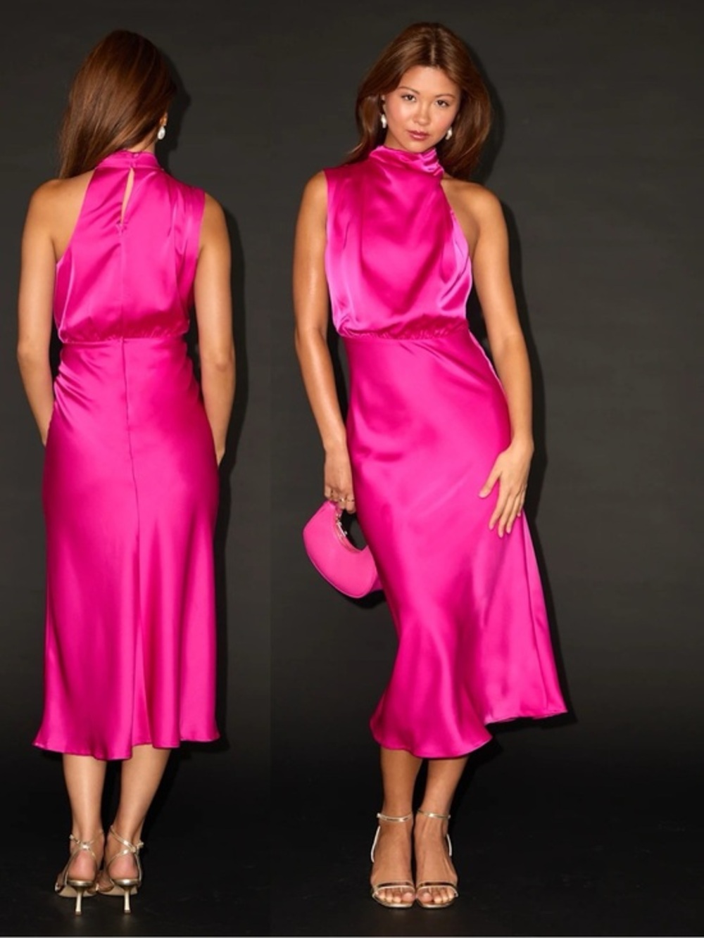 NWT Lulu’s Distinctive Charm Magenta Satin Asymmetrical Midi Dress Large Chic
